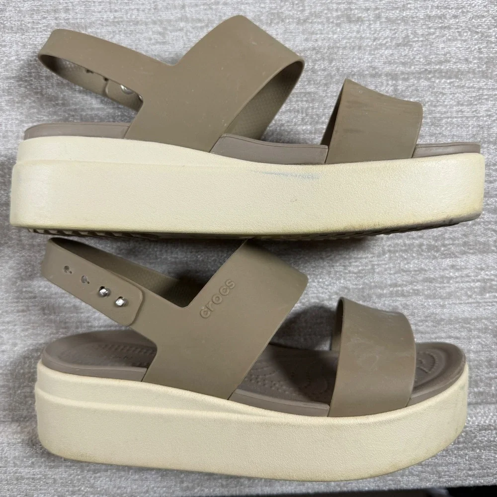 Crocs Womens 7 Brooklyn Low Wedge Beige Platform Slingback Sandals